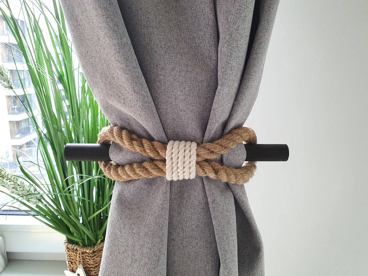 Jute Rope Curtain Tieback with Wooden Stick - White Cotton Accent Holdback