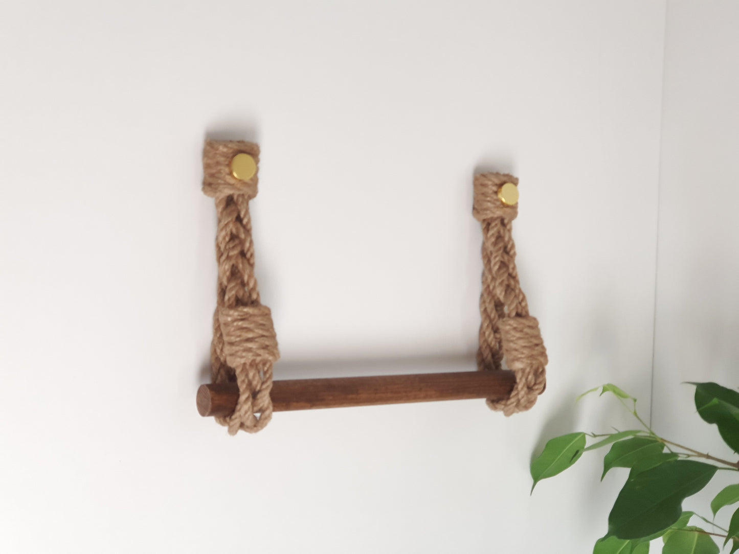 Jute Rope Towel Bar - Dark Wood Dowel Gold Screws Wall Mounted Rustic Bathroom Decor