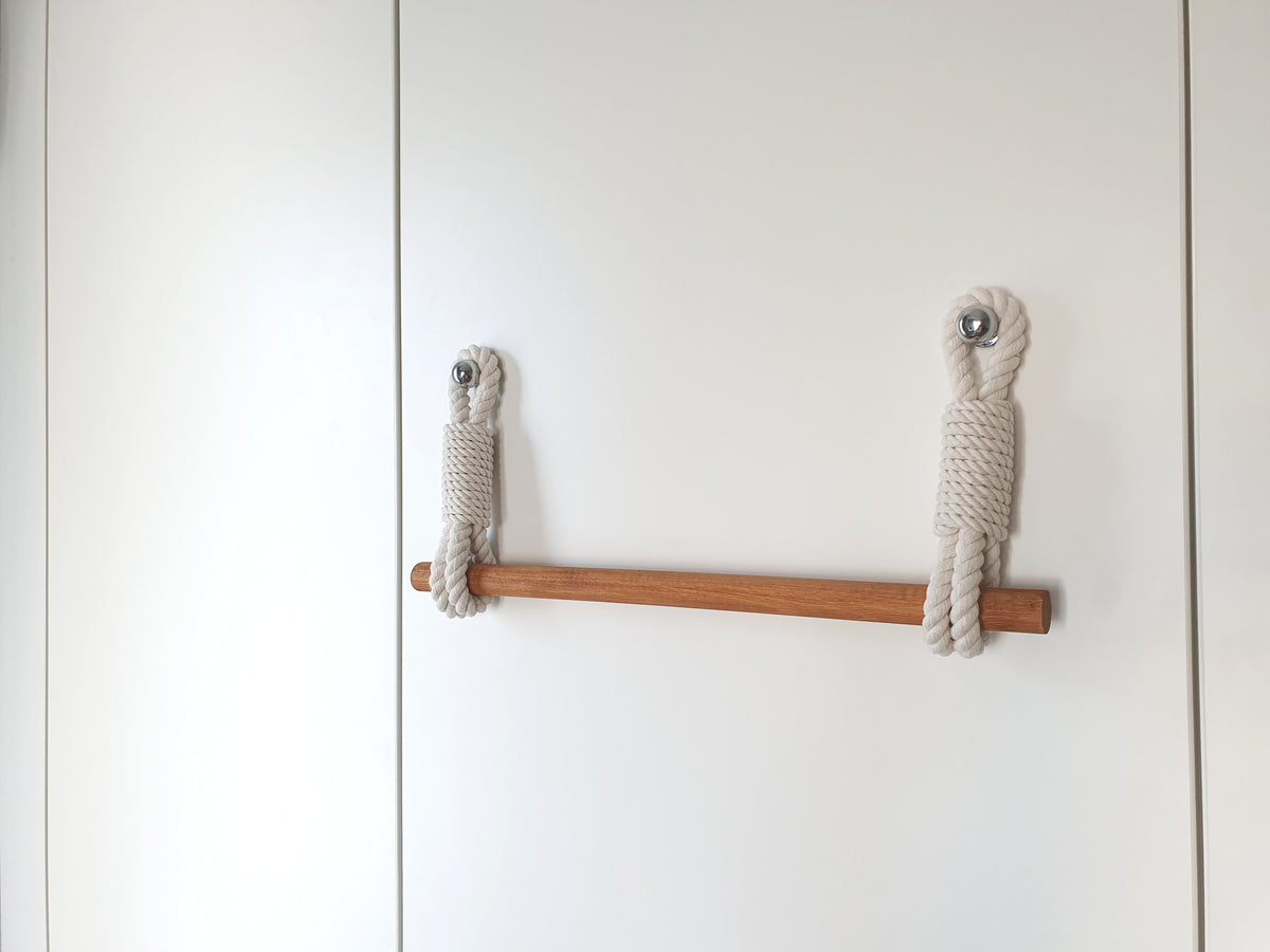 Handmade Cotton Rope Towel Holder, Wooden Rod, Chrome Hooks, Farmhouse Scandinavian Decor
