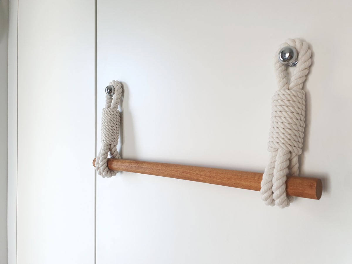 Handmade Cotton Rope Towel Holder, Wooden Rod, Chrome Hooks, Farmhouse Scandinavian Decor