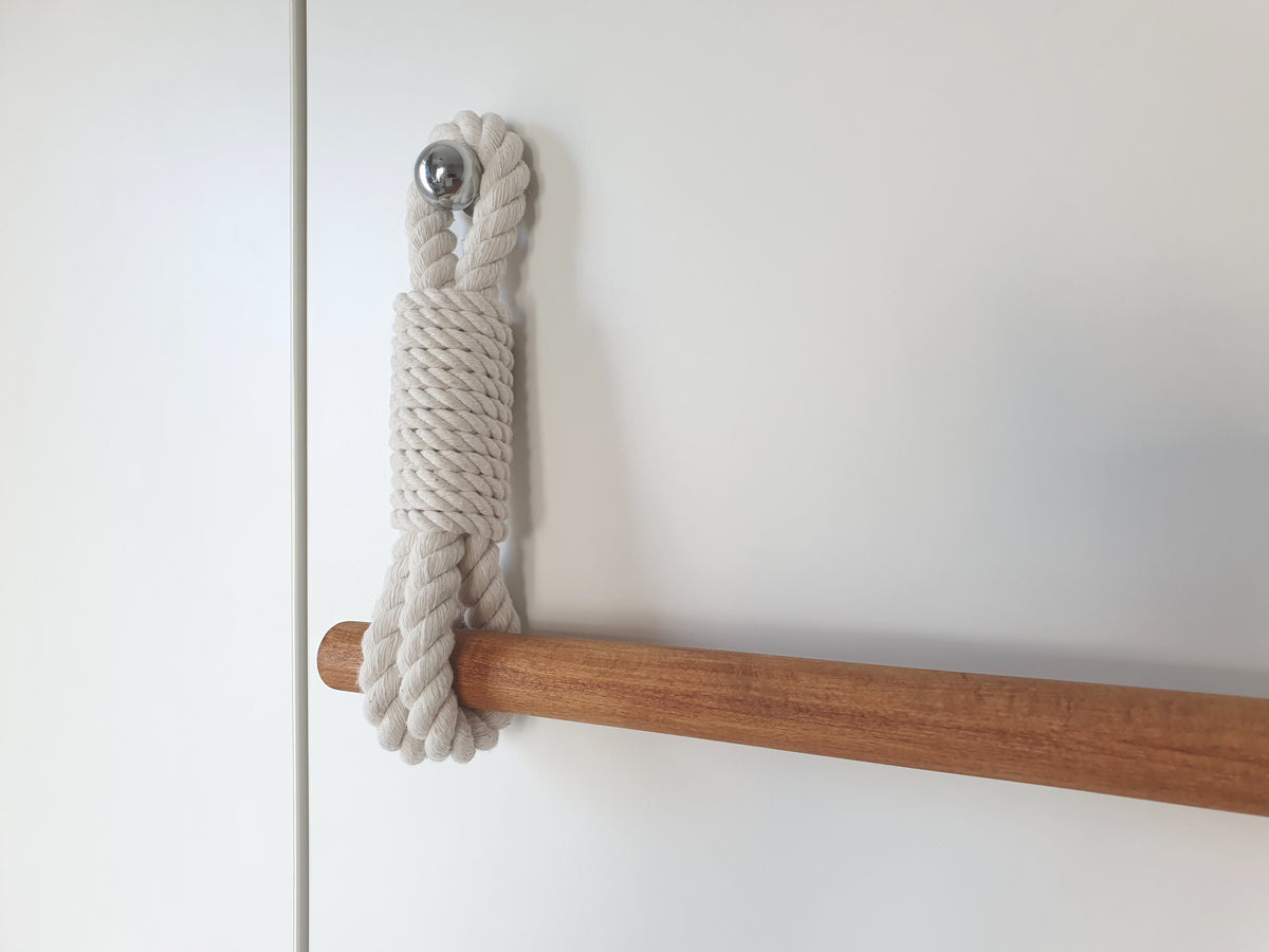 Handmade Cotton Rope Towel Holder, Wooden Rod, Chrome Hooks, Farmhouse Scandinavian Decor