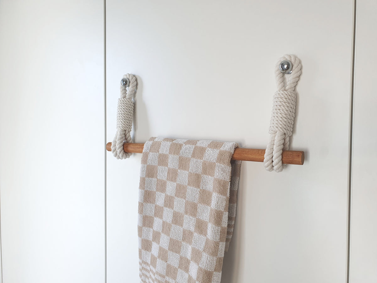 Handmade Cotton Rope Towel Holder, Wooden Rod, Chrome Hooks, Farmhouse Scandinavian Decor