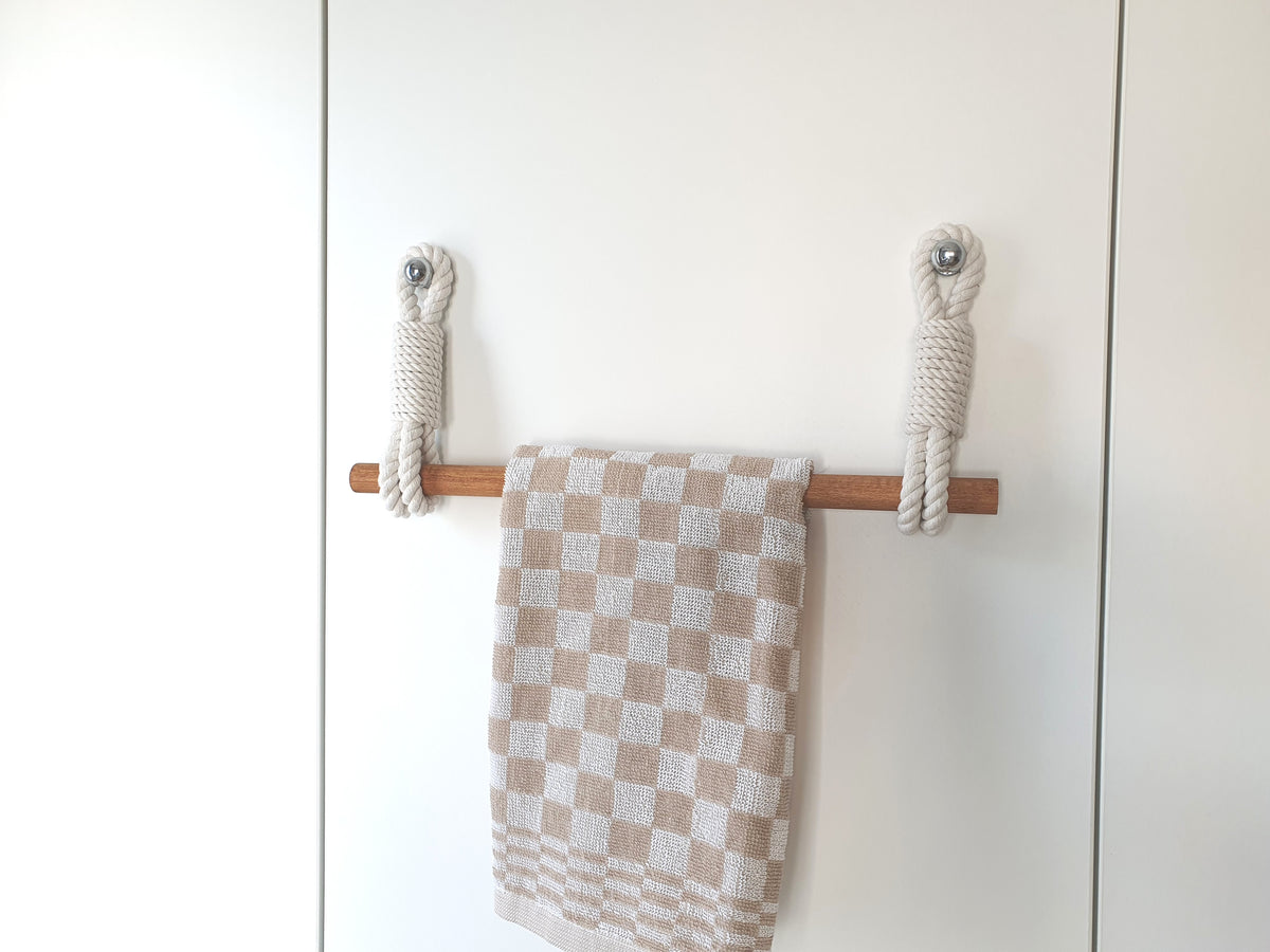 Handmade Cotton Rope Towel Holder, Wooden Rod, Chrome Hooks, Farmhouse Scandinavian Decor