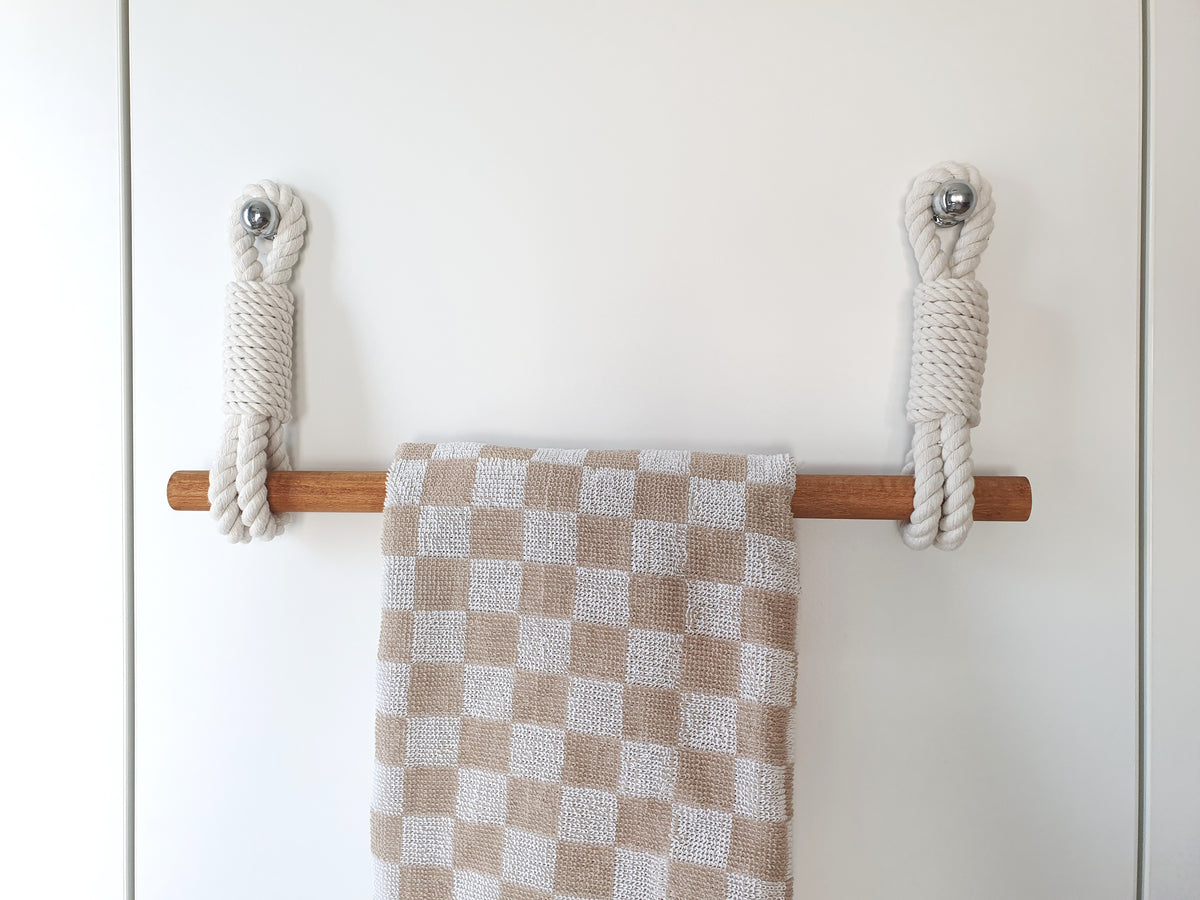 Handmade Cotton Rope Towel Holder, Wooden Rod, Chrome Hooks, Farmhouse Scandinavian Decor