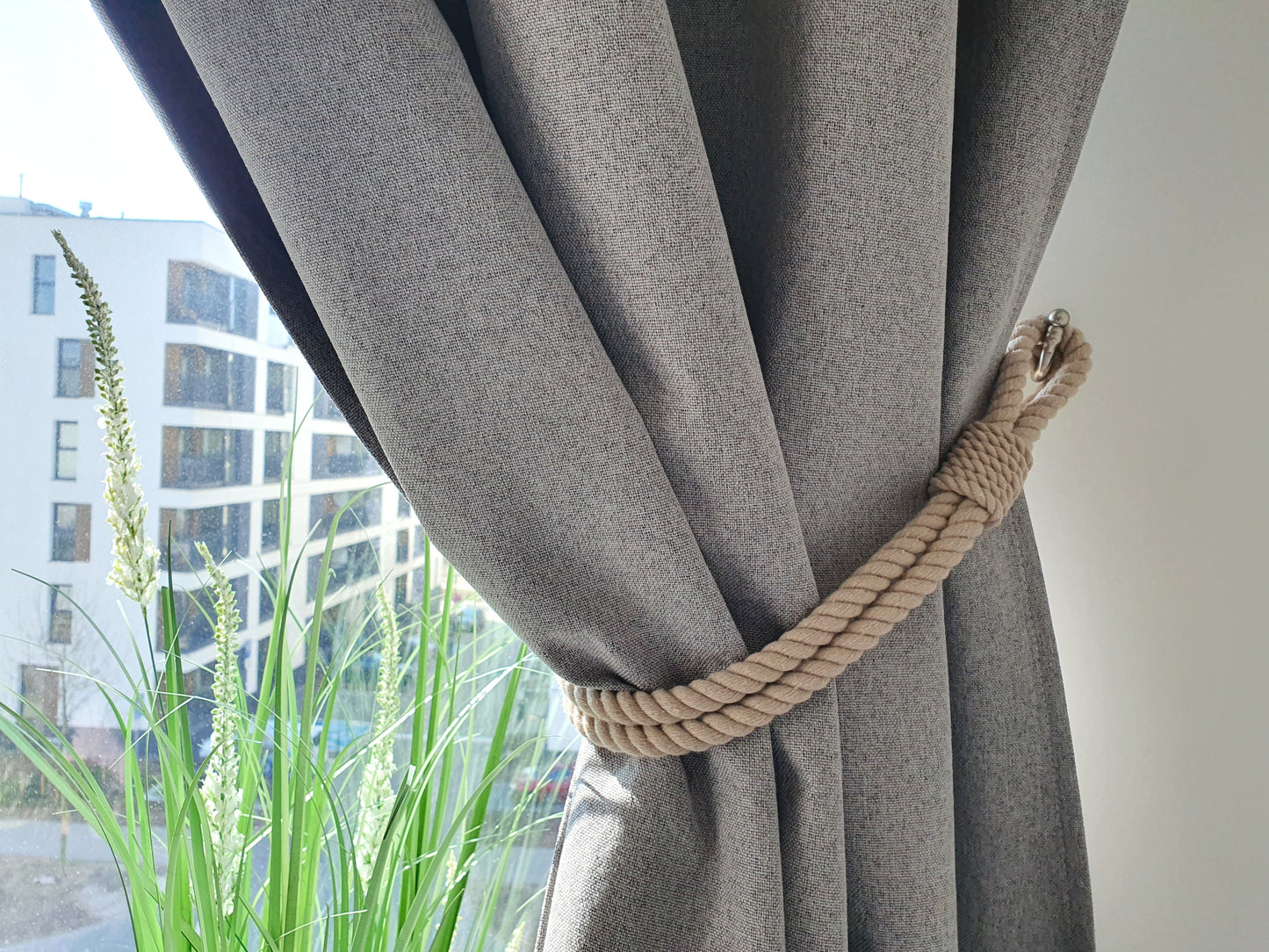 Cotton Rope Curtain Tieback - Chunky Twisted Natural Holdback with Metal Tip
