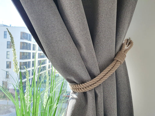 Cotton Rope Curtain Tieback - Chunky Twisted Natural Holdback with Metal Tip
