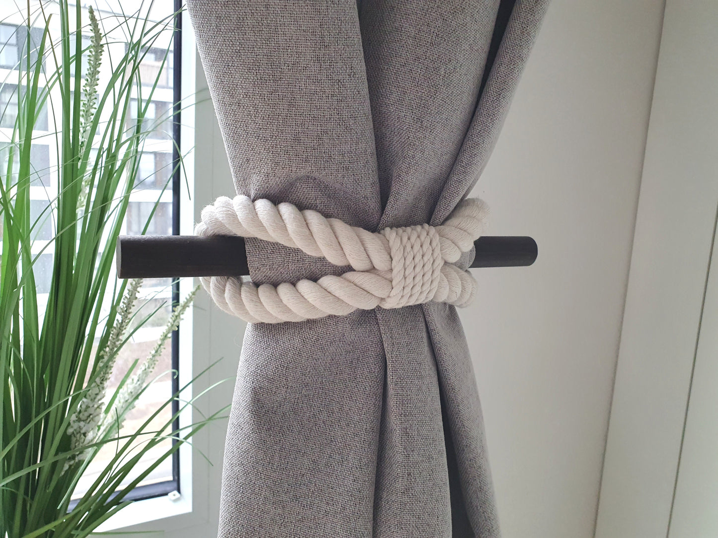 White Cotton Rope Curtain Tieback - Black Wooden Stick Holdback Minimalist Decor
