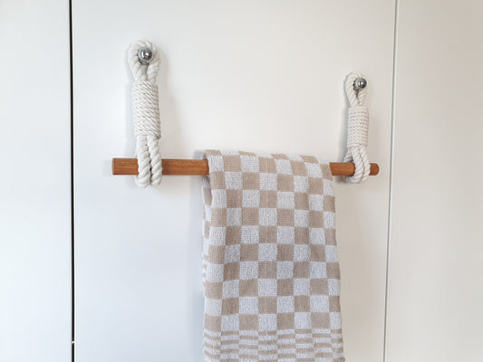 Handmade Cotton Rope Towel Holder, Wooden Rod, Chrome Hooks, Farmhouse Scandinavian Decor