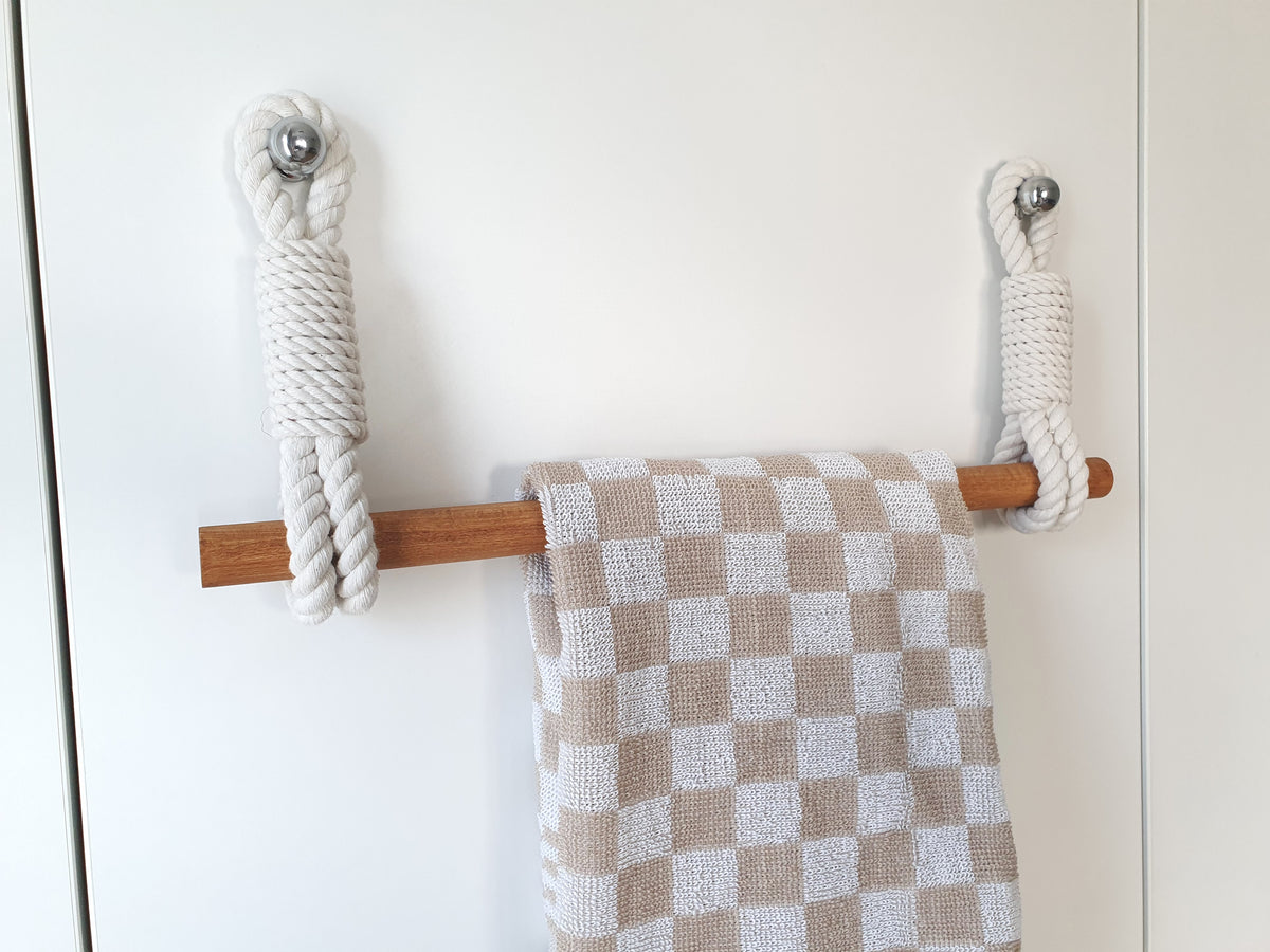 Handmade Cotton Rope Towel Holder, Wooden Rod, Chrome Hooks, Farmhouse Scandinavian Decor