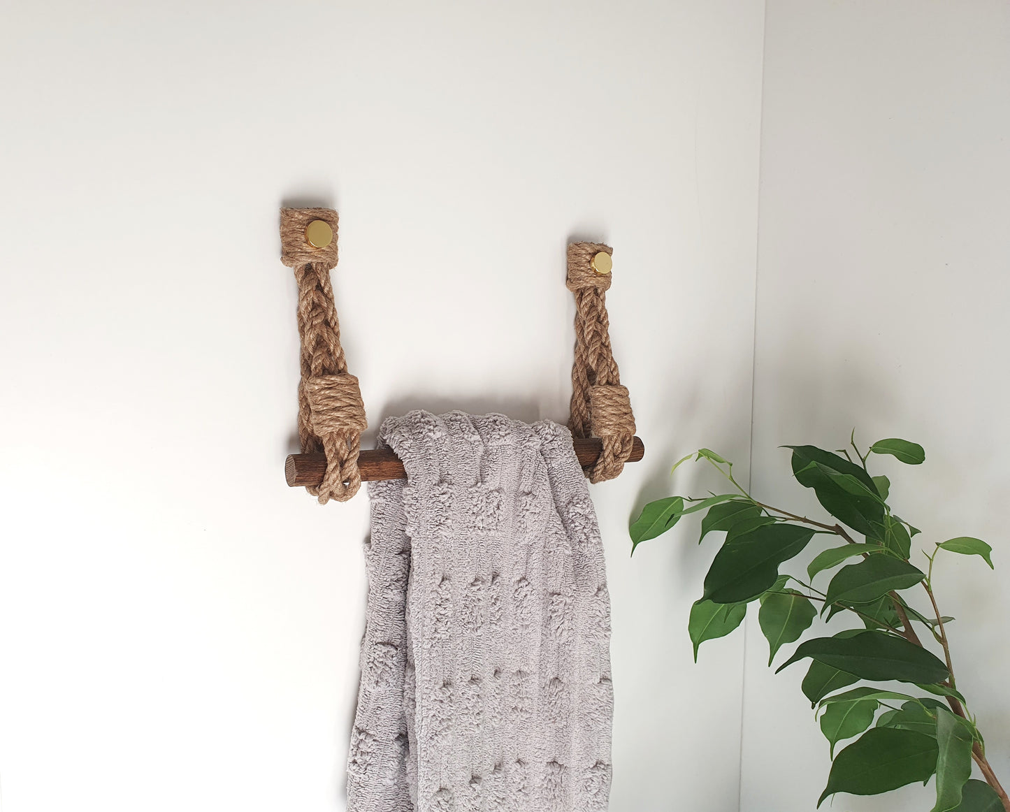Jute Rope Towel Bar - Dark Wood Dowel Gold Screws Wall Mounted Rustic Bathroom Decor