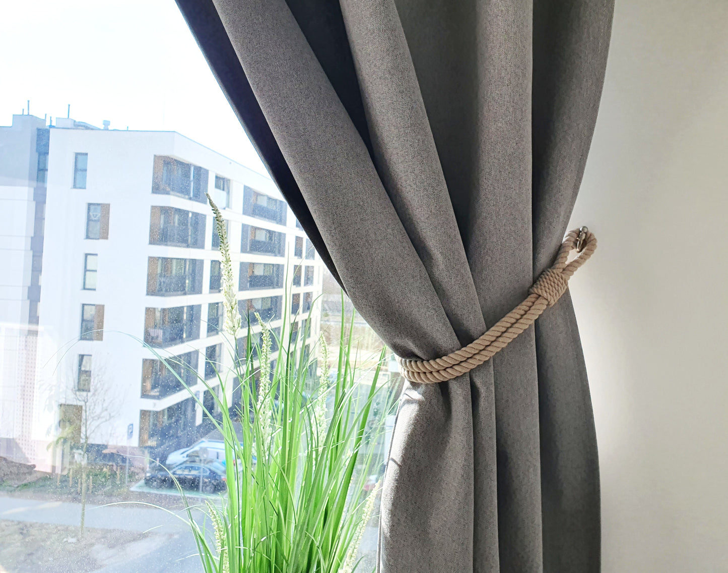 Cotton Rope Curtain Tieback - Chunky Twisted Natural Holdback with Metal Tip