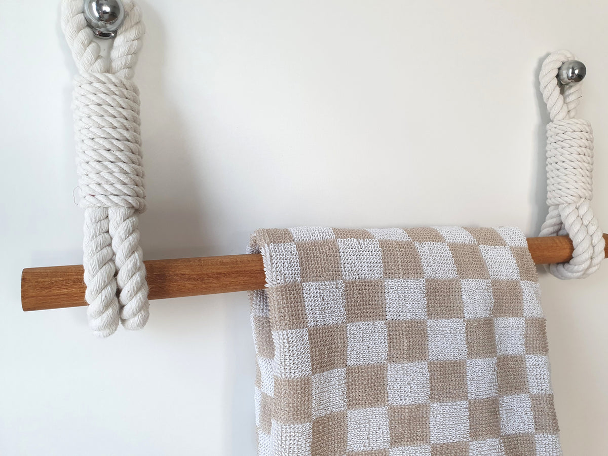 Handmade Cotton Rope Towel Holder, Wooden Rod, Chrome Hooks, Farmhouse Scandinavian Decor