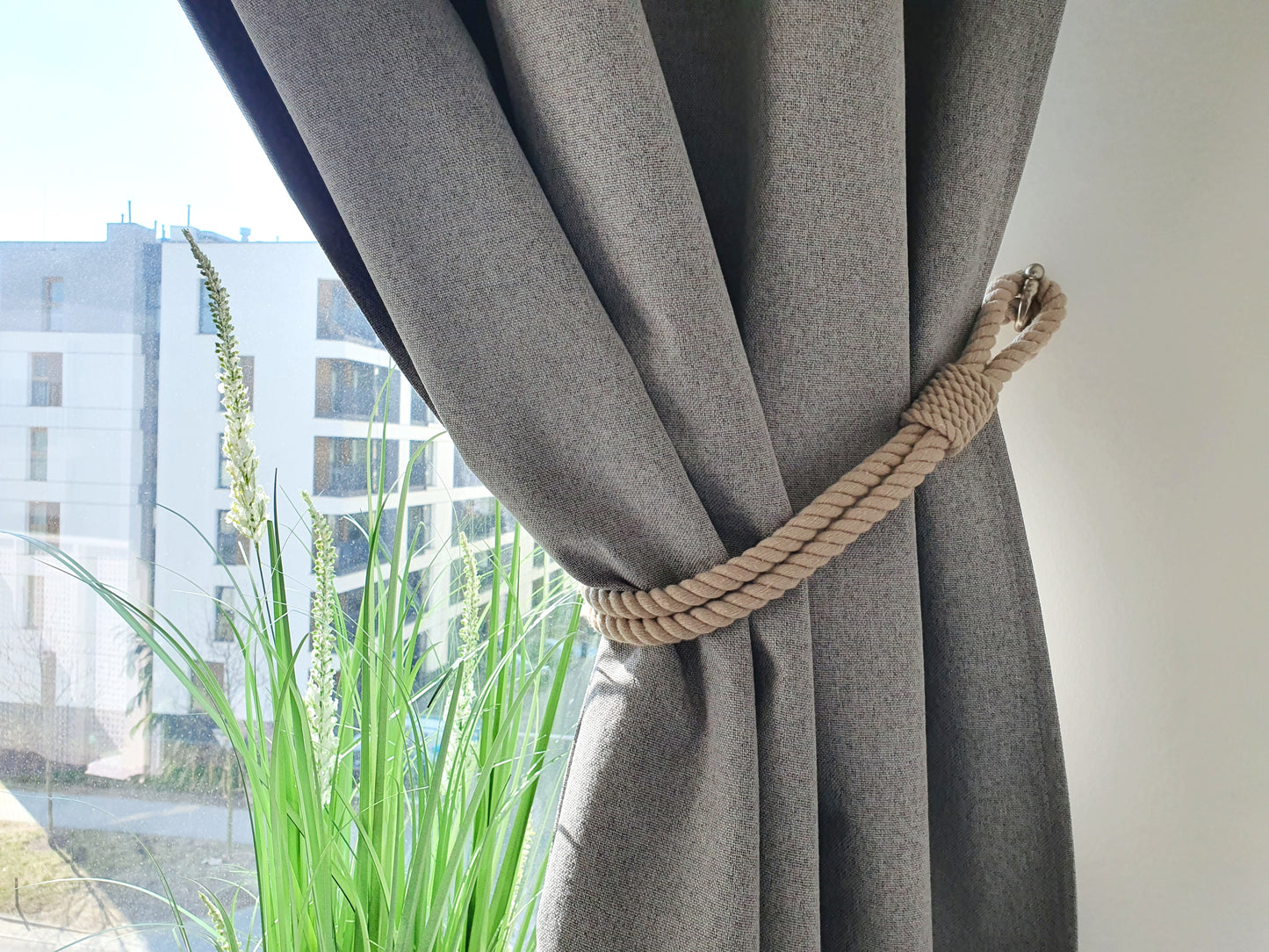 Cotton Rope Curtain Tieback - Chunky Twisted Natural Holdback with Metal Tip
