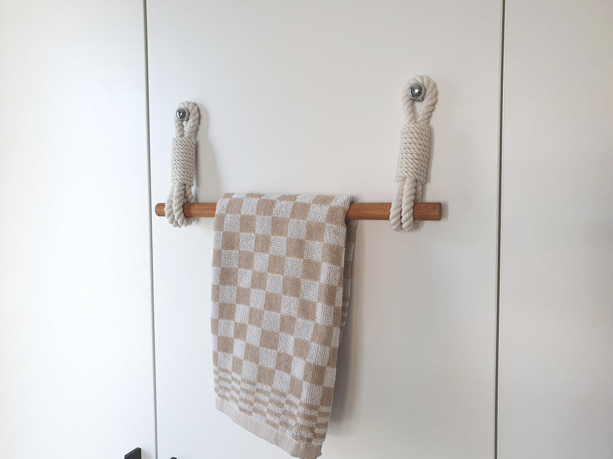 Handmade Cotton Rope Towel Holder, Wooden Rod, Chrome Hooks, Farmhouse Scandinavian Decor