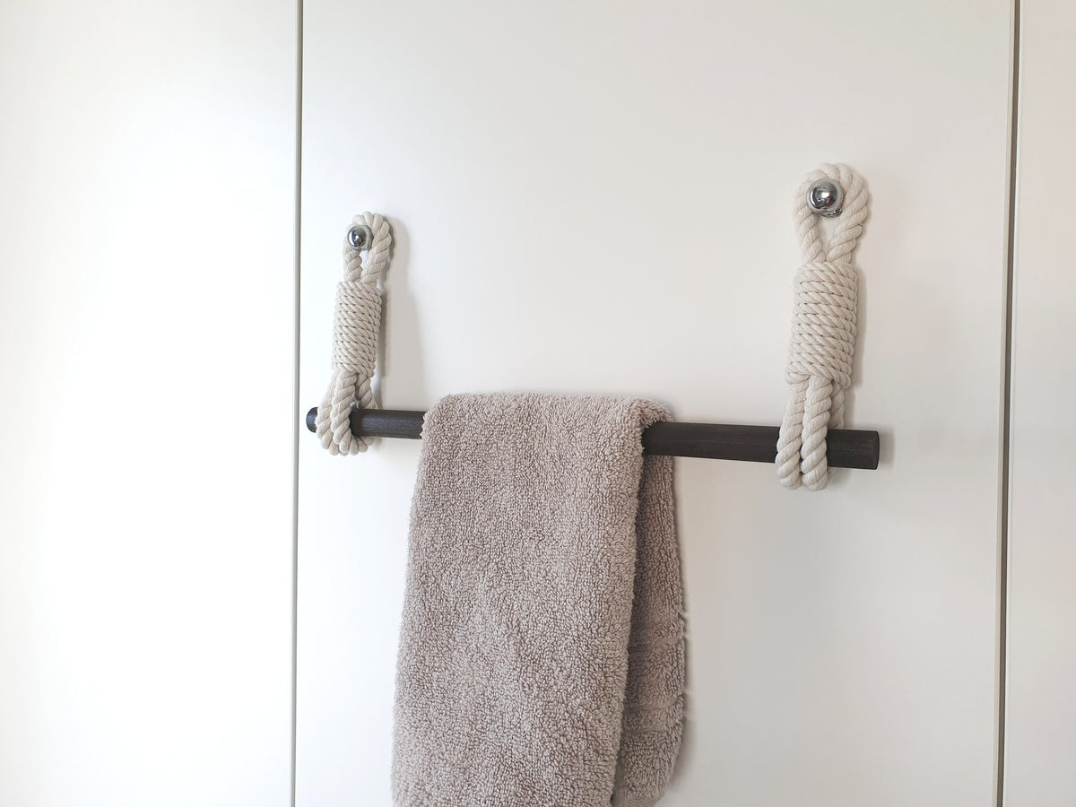 Cotton Rope Towel Holder, Wooden Bar, Scandinavian Rustic Decor