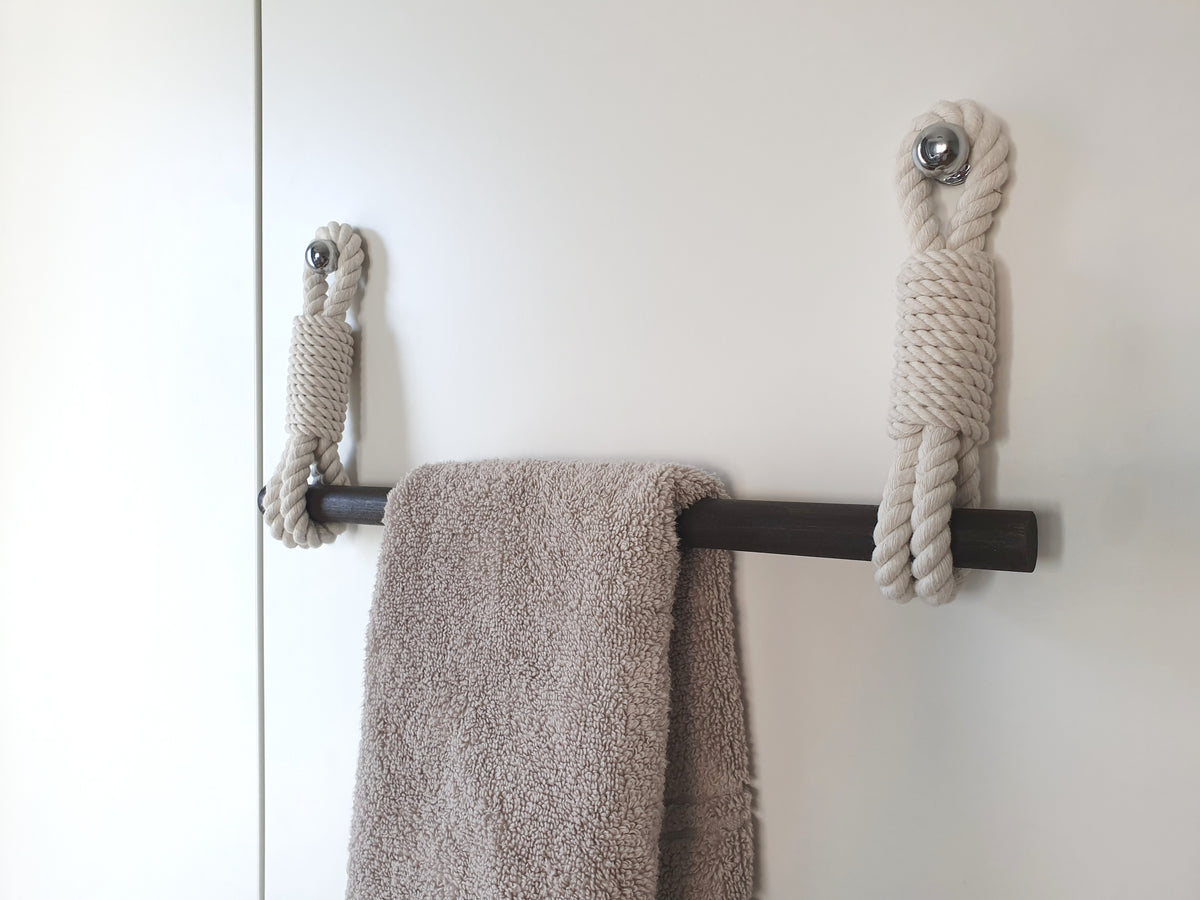 Cotton Rope Towel Holder, Wooden Bar, Scandinavian Rustic Decor