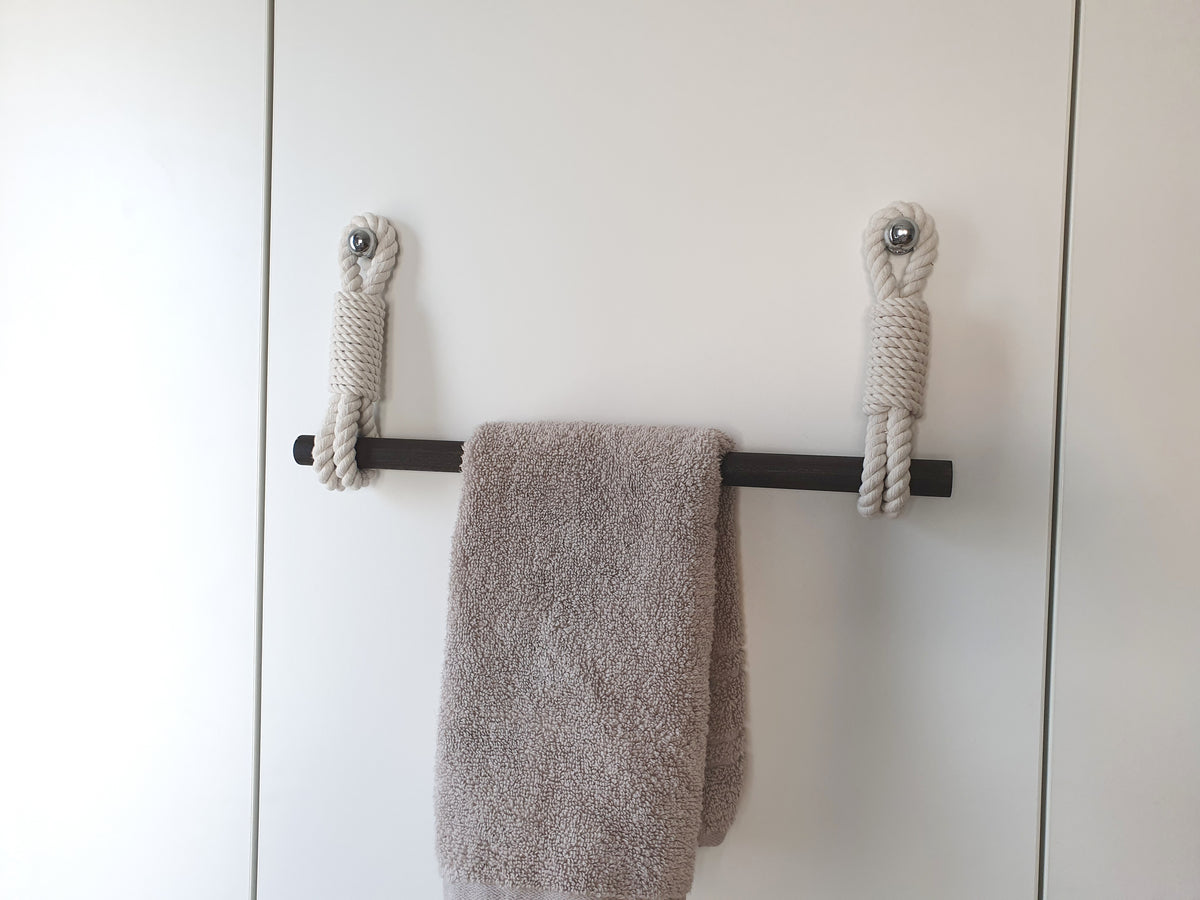 Cotton Rope Towel Holder, Wooden Bar, Scandinavian Rustic Decor