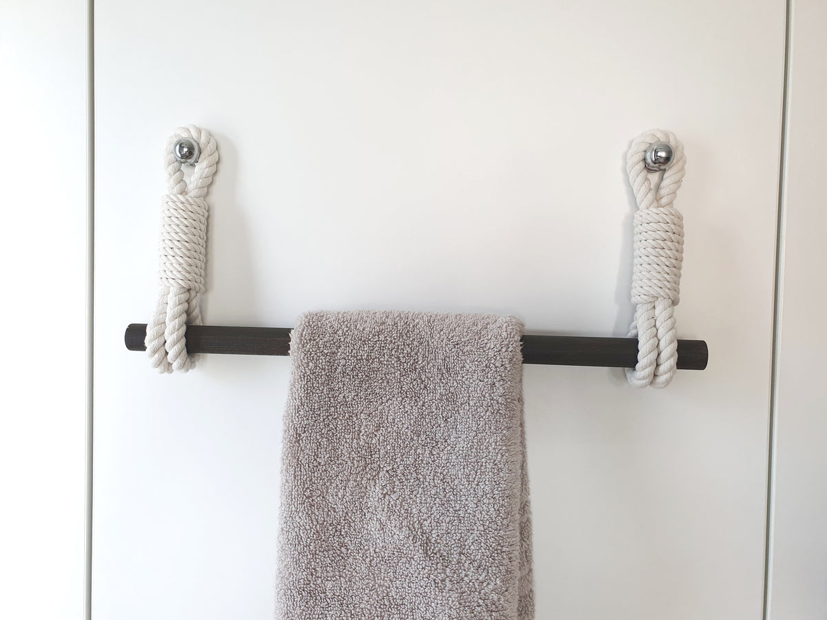 Cotton Rope Towel Holder, Wooden Bar, Scandinavian Rustic Decor