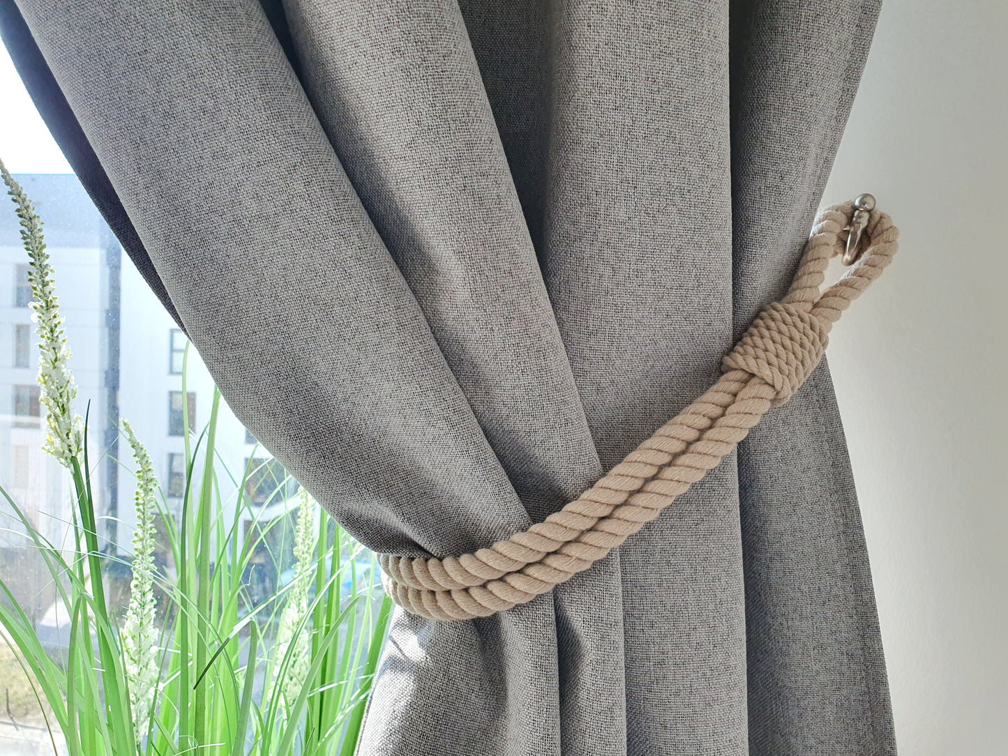 Cotton Rope Curtain Tieback - Chunky Twisted Natural Holdback with Metal Tip