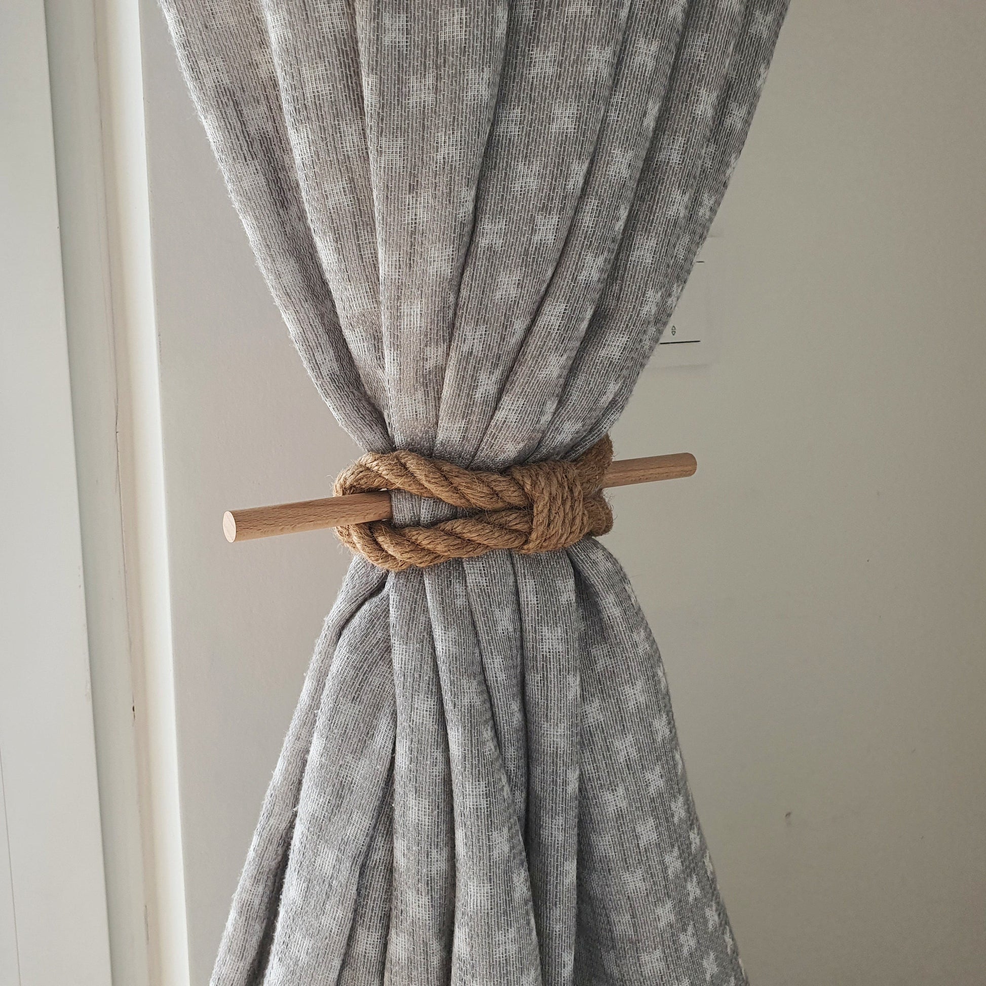 Jute rope curtain tieback holdback boho aesthetic minimalistic, farmhause. Room decoration