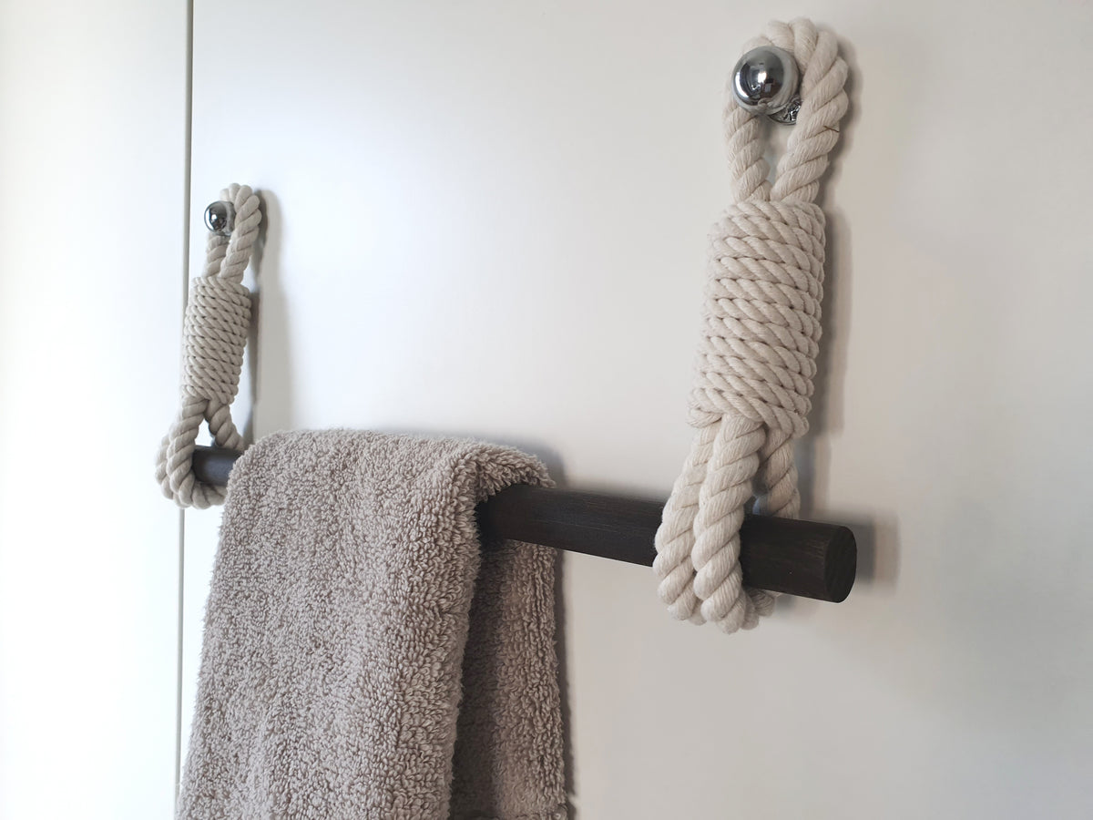 Cotton Rope Towel Holder, Wooden Bar, Scandinavian Rustic Decor