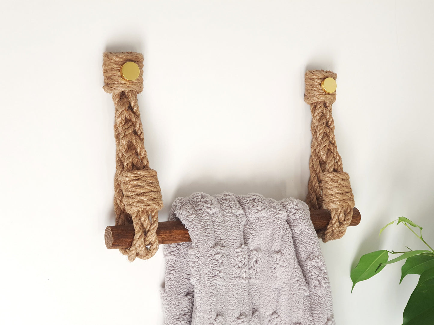 Jute Rope Towel Bar - Dark Wood Dowel Gold Screws Wall Mounted Rustic Bathroom Decor