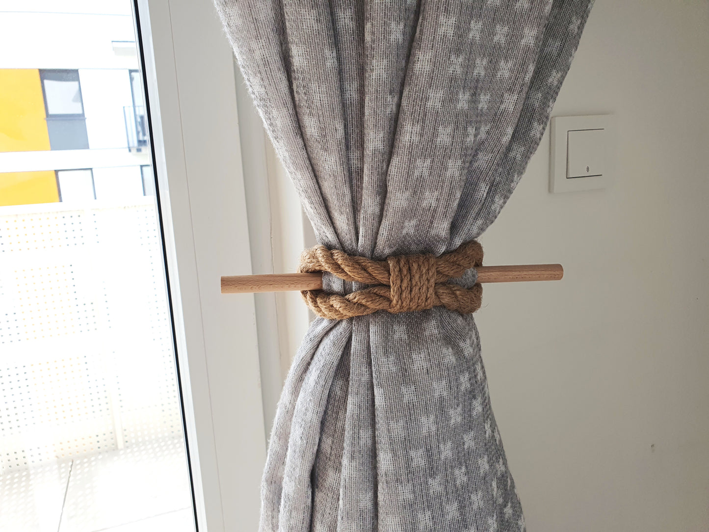 Jute Rope Curtain Tieback with Wooden Stick