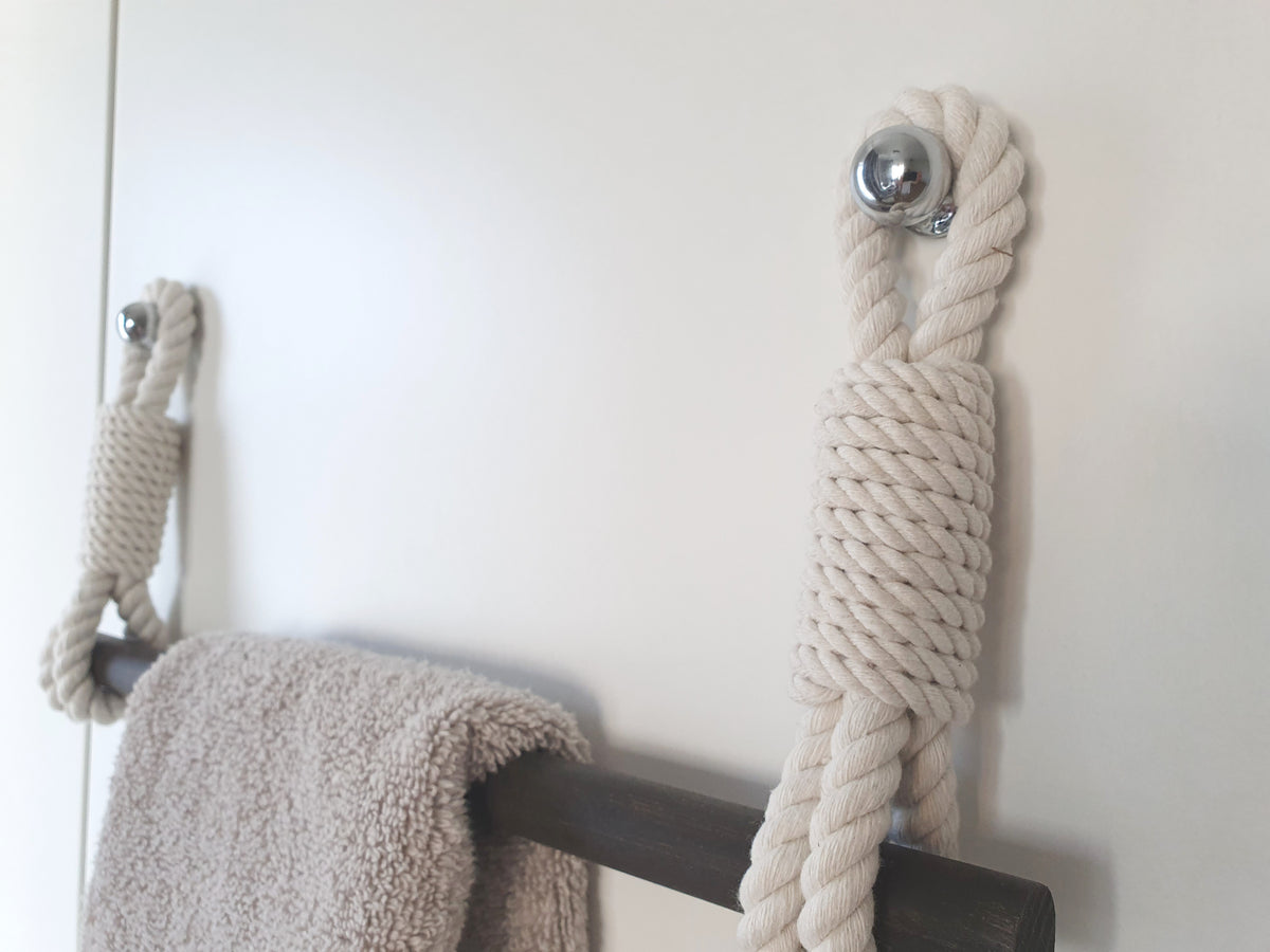 Cotton Rope Towel Holder, Wooden Bar, Scandinavian Rustic Decor