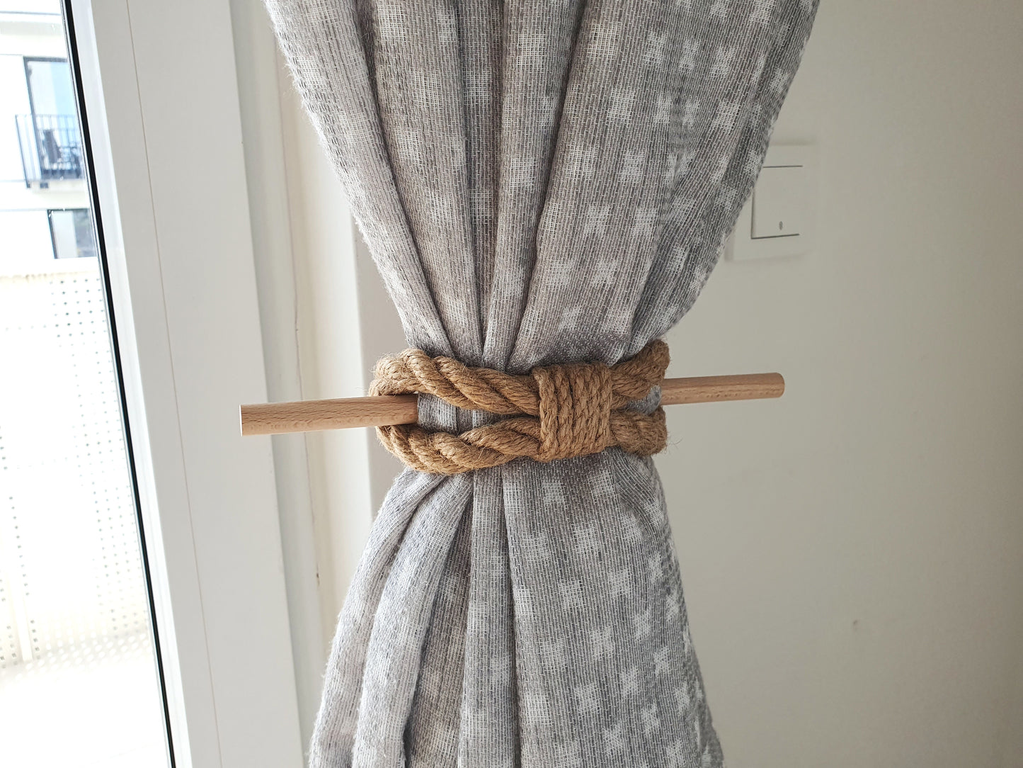 Jute Rope Curtain Tieback with Wooden Stick
