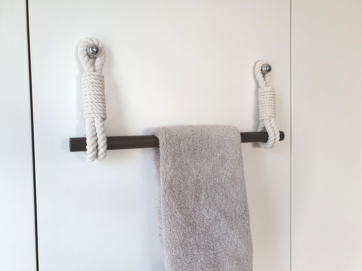 Cotton Rope Towel Holder, Wooden Bar, Scandinavian Rustic Decor