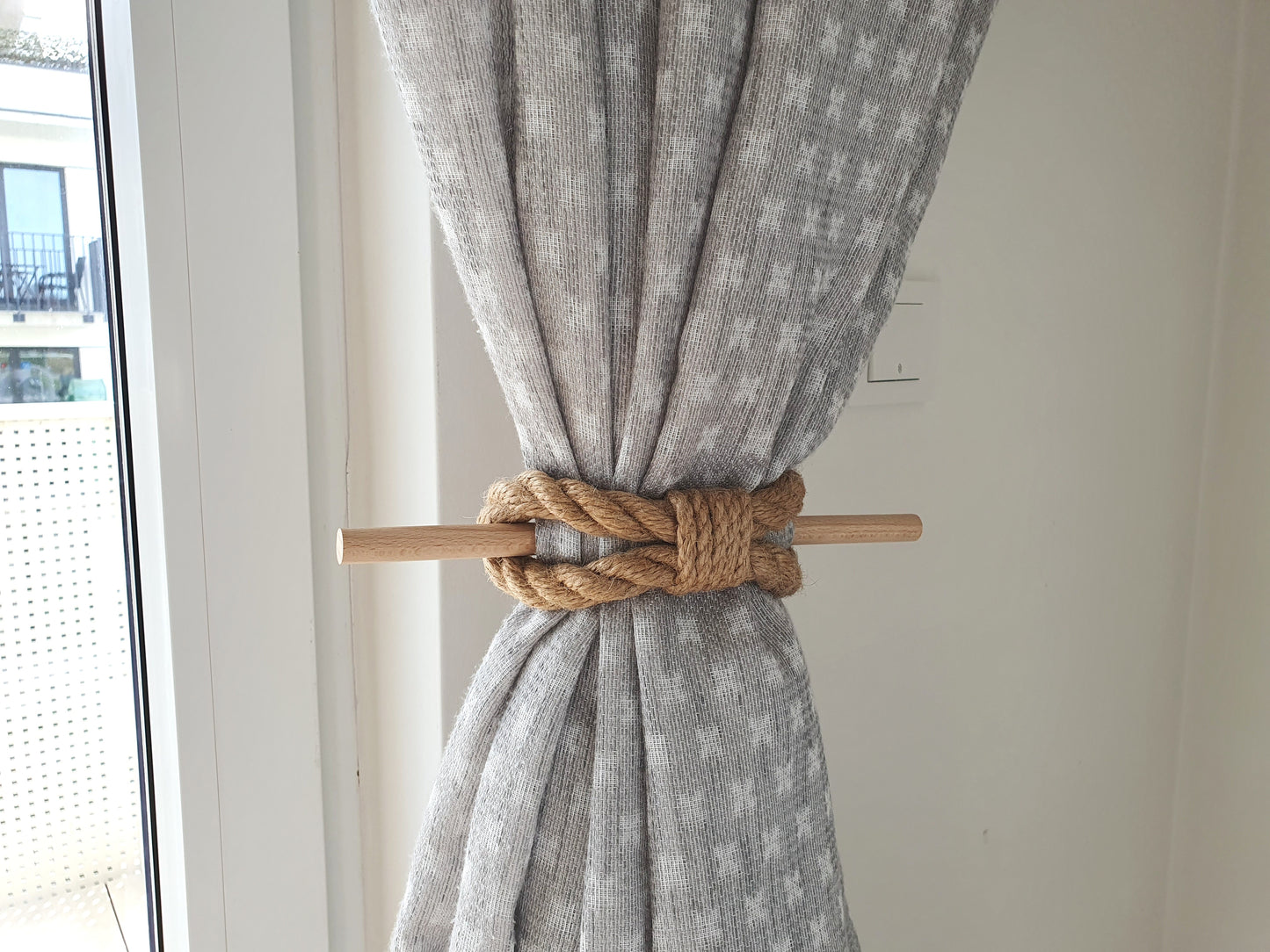 Jute Rope Curtain Tieback with Wooden Stick