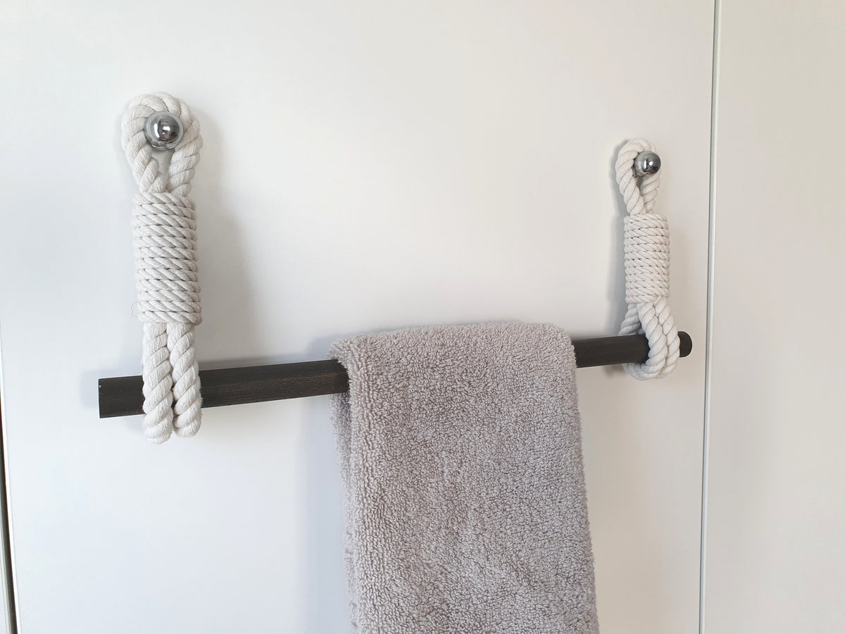 Cotton Rope Towel Holder, Wooden Bar, Scandinavian Rustic Decor