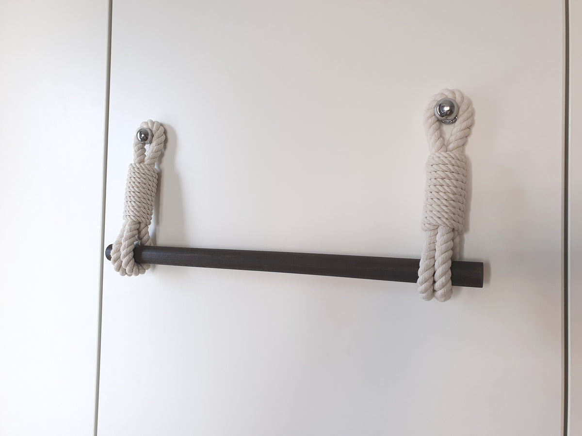 Cotton Rope Towel Holder, Wooden Bar, Scandinavian Rustic Decor