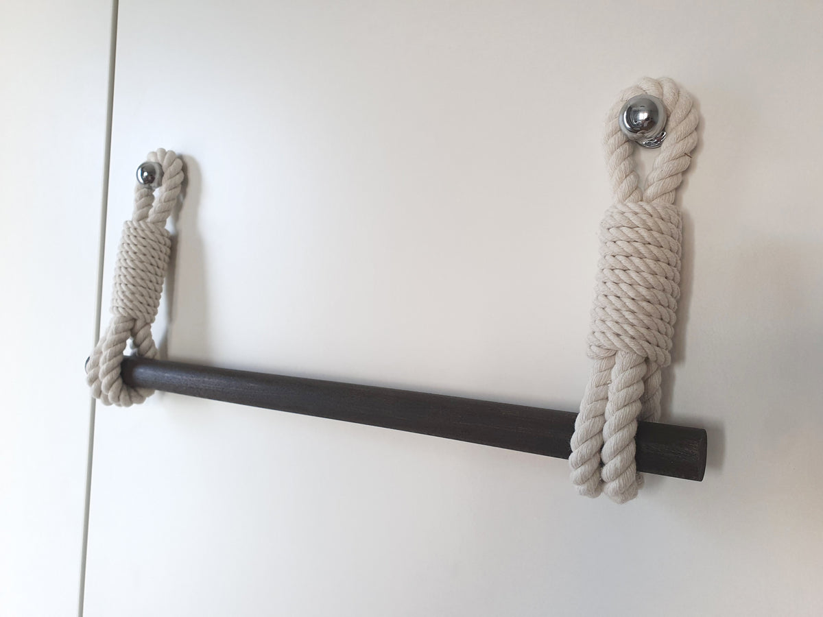 Cotton Rope Towel Holder, Wooden Bar, Scandinavian Rustic Decor
