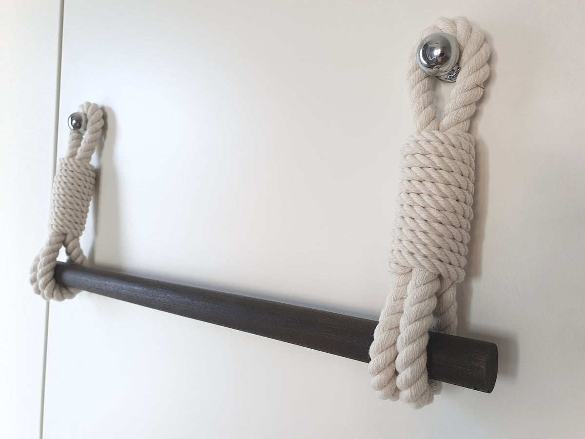 Cotton Rope Towel Holder, Wooden Bar, Scandinavian Rustic Decor