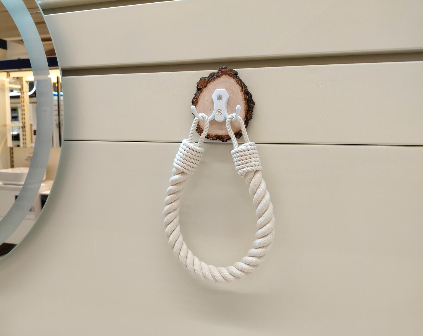 Handmade Rope Towel Holder - Wood Slice Accent Boho Bathroom Decor