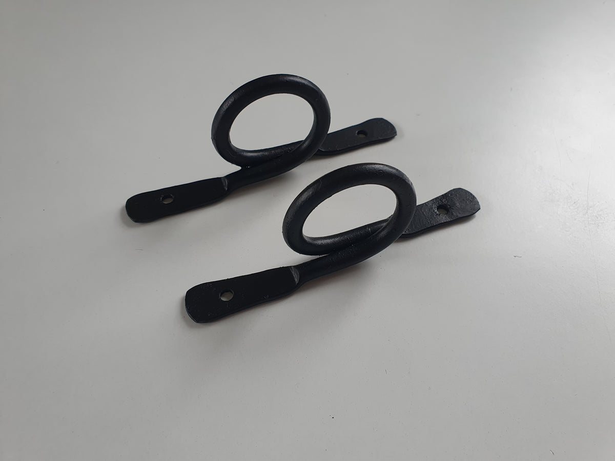 Hand-Forged Iron Curtain Rod Hooks, Rustic Black Metal Brackets, Set of 2