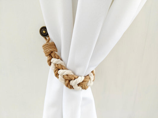 Handmade Jute Curtain Tieback - White Rope Nautical Holdback