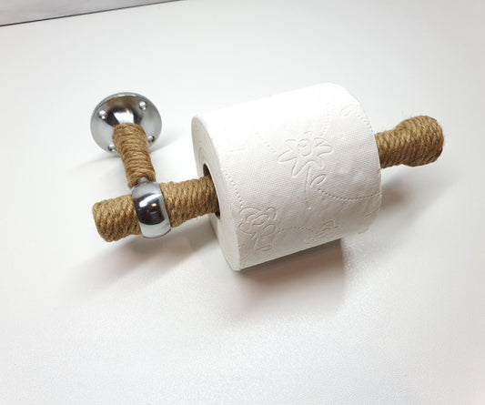 Handmade Jute Rope Toilet Paper Holder - Rustic Wood & Chrome Wall Mount