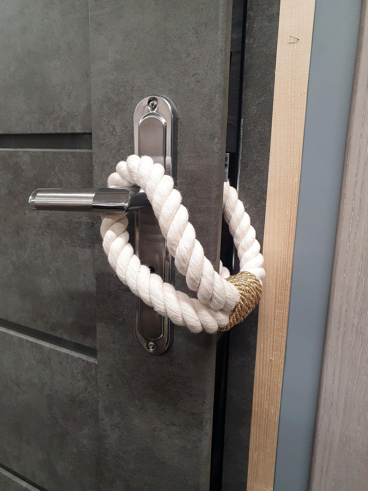 White Cotton Rope Door Stop with Gold Accent