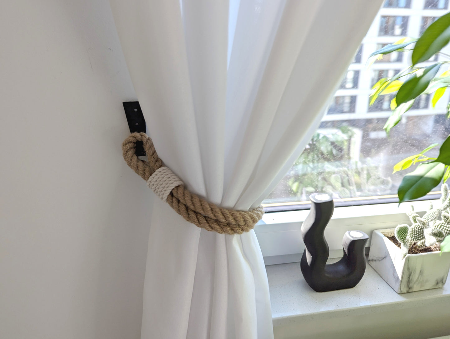 Jute Rope Curtain Tieback - White Cotton Base Wrap Rustic Holdback