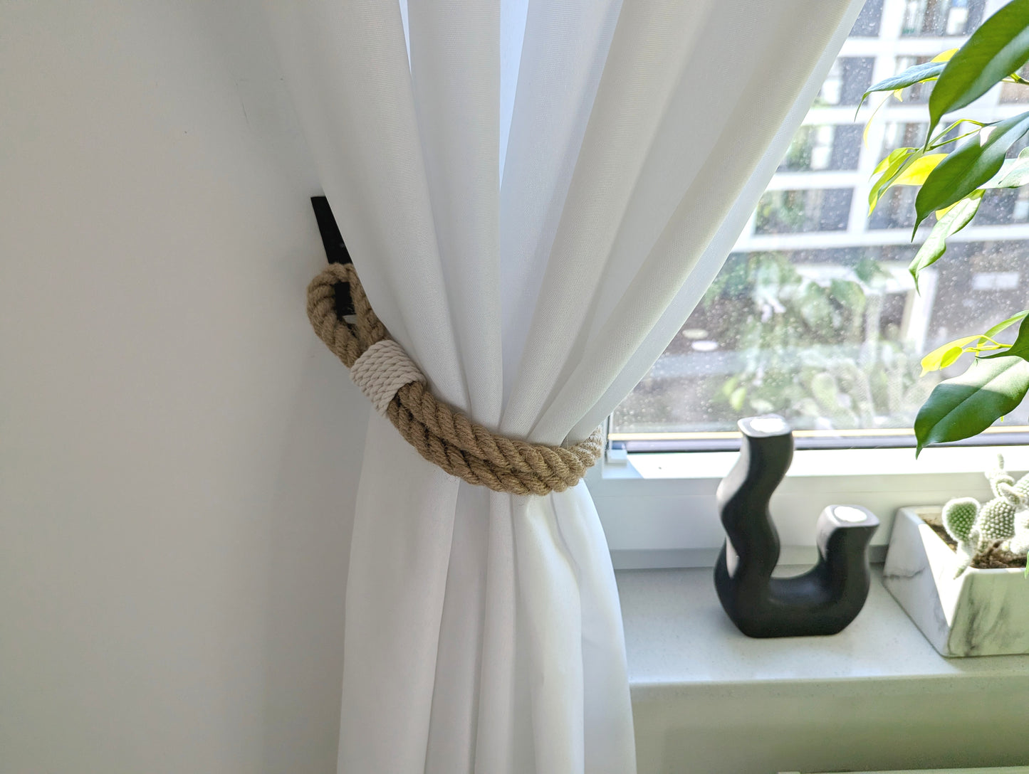 Jute Rope Curtain Tieback - White Cotton Base Wrap Rustic Holdback