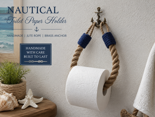 Nautical Jute Rope Toilet Paper Holder, Navy Accents, Brass Anchor Hook