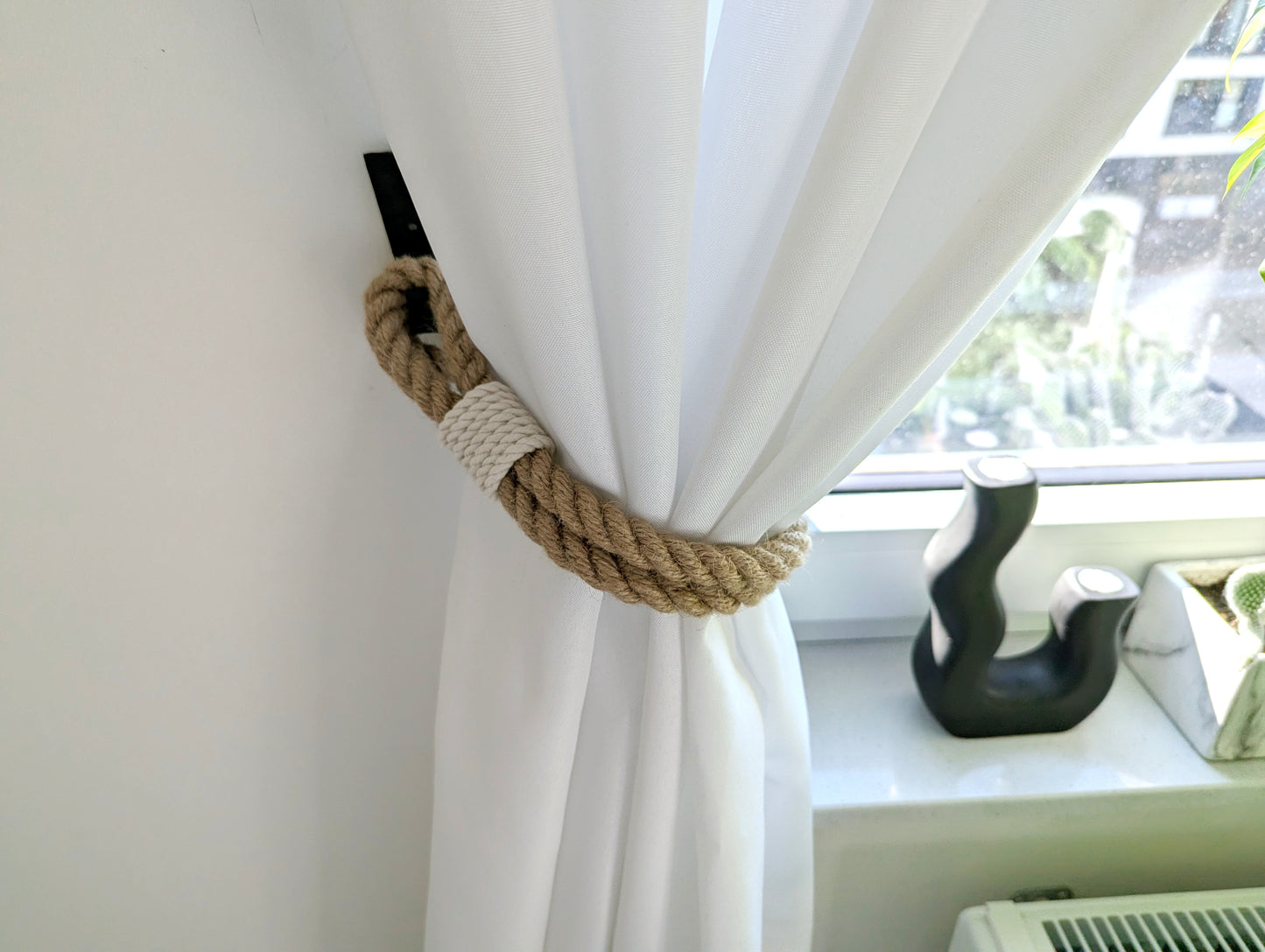 Jute Rope Curtain Tieback - White Cotton Base Wrap Rustic Holdback