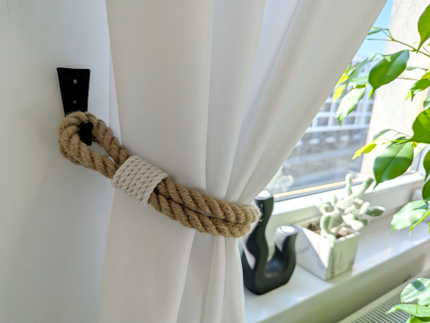 Jute Rope Curtain Tieback - White Cotton Base Wrap Rustic Holdback
