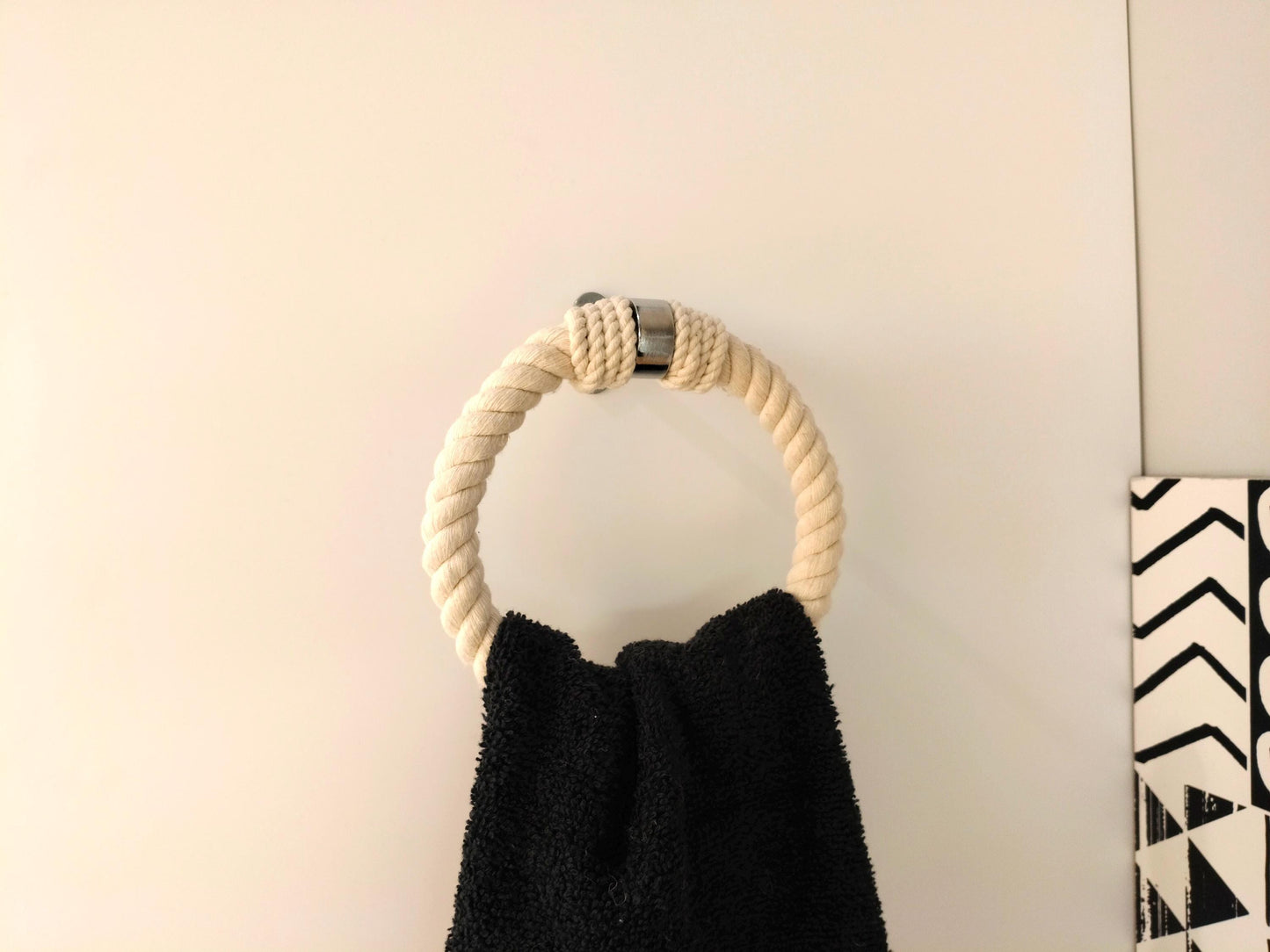 Handmade Round Rope Towel Ring - White Cotton & Chrome Wall Mount