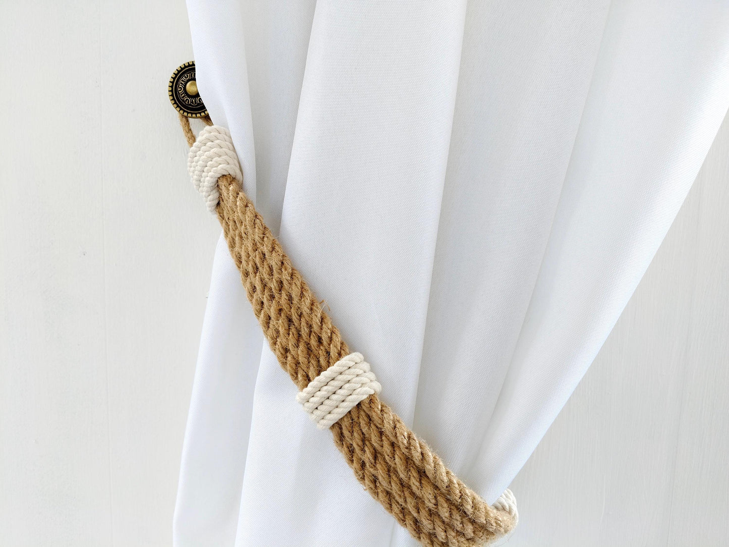 Curtain Tie Backs - Handmade Jute Curtain Holdback with White Wrap