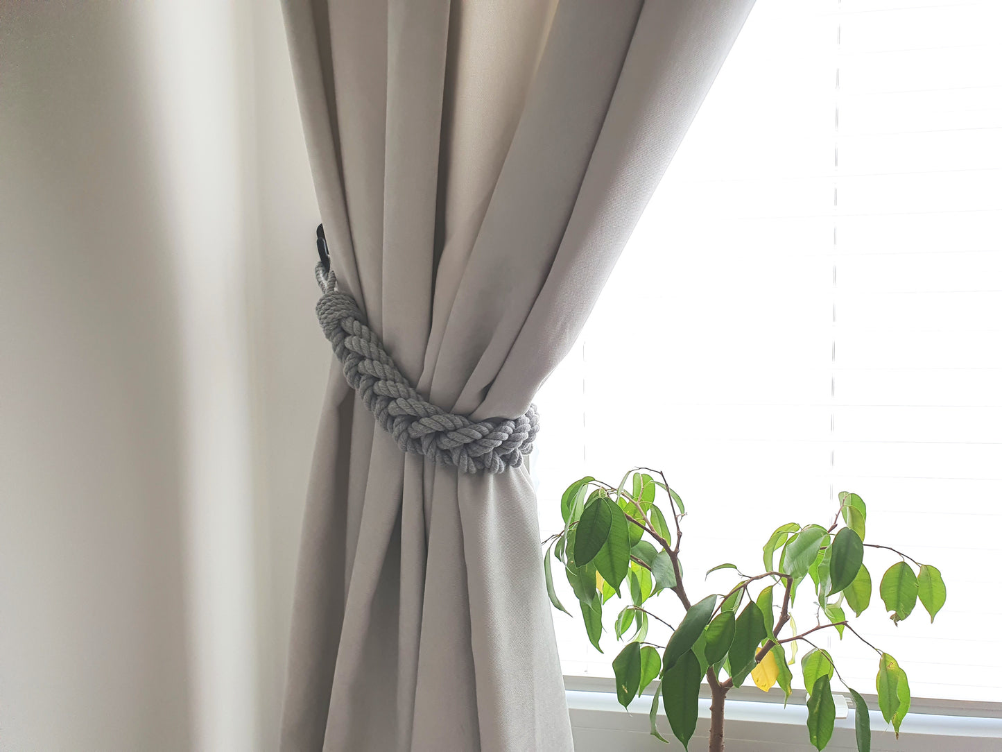Grey Cotton Rope Curtain Tieback - Chunky Braided