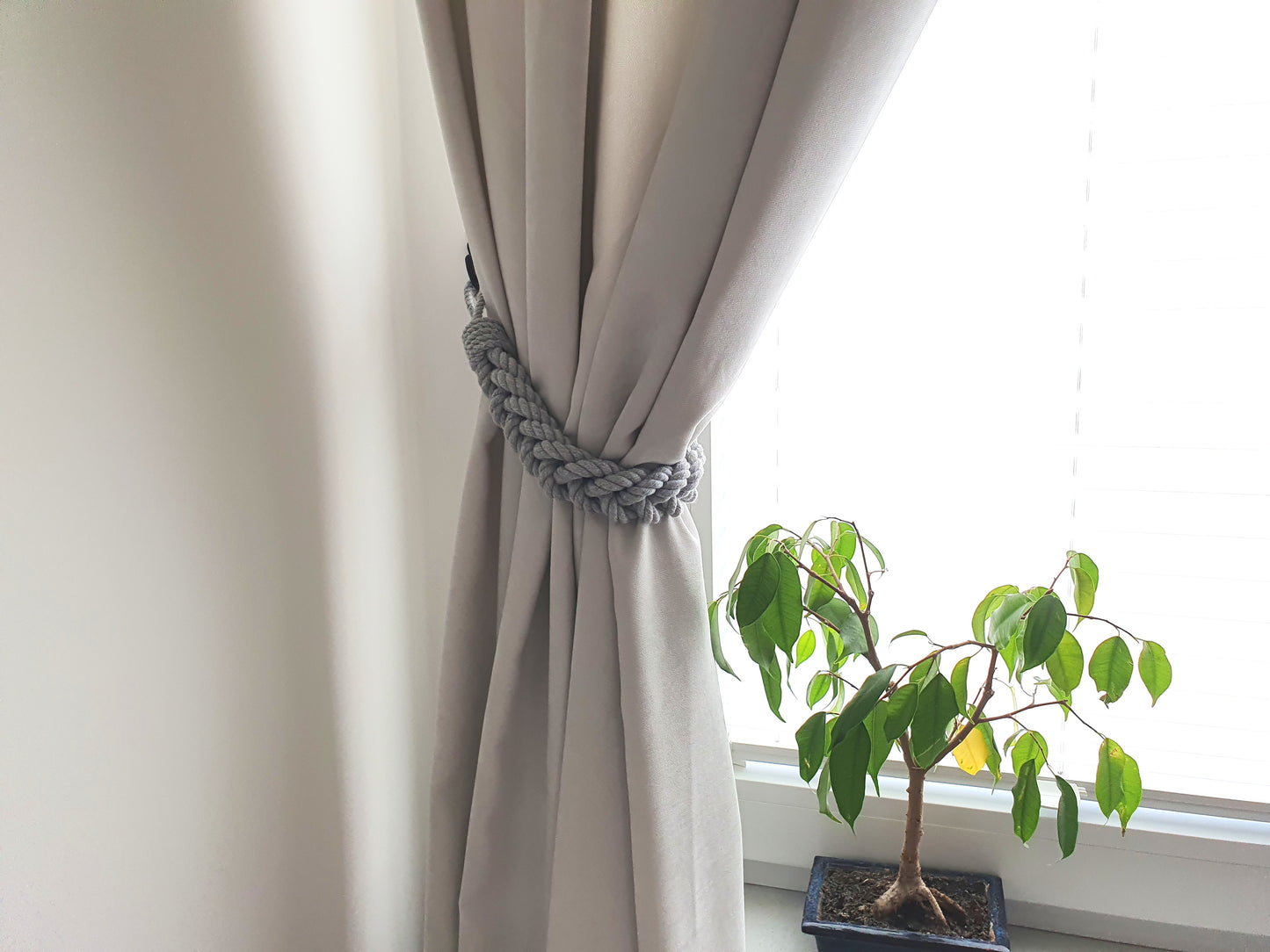 Grey Cotton Rope Curtain Tieback - Chunky Braided