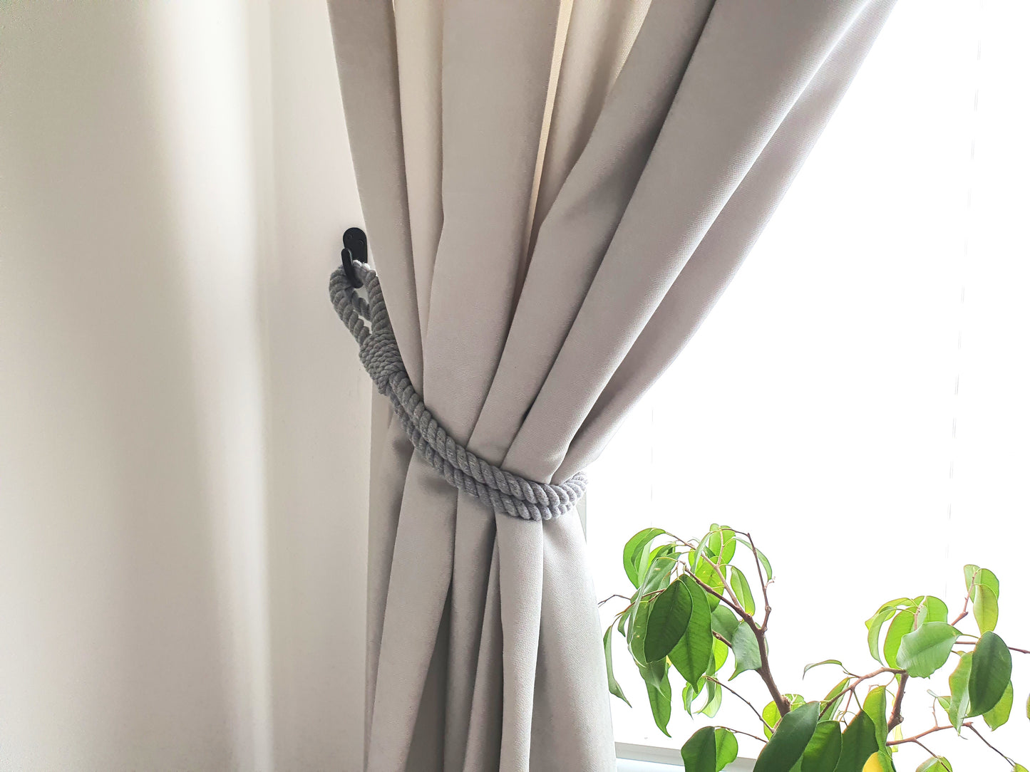 Grey Cotton Rope Curtain Tieback - Extra Thick Twisted